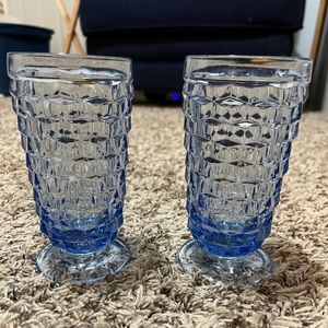 Indiana Glass Co Blue Whitehall Footed Cubist Tumblers